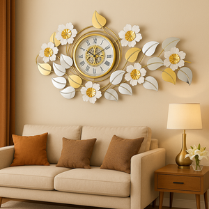 Large 48 Inch Floral Wall Clock in Gold White Silver Finish, Modern Quartz Movement, Decorative Horizontal & Vertical Home Accent-Sona Casa