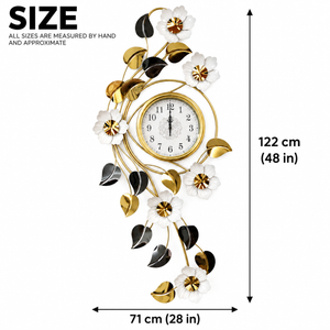 Large 48 Inch Floral Wall Clock in Gold White Silver Finish, Modern Quartz Movement, Decorative Horizontal & Vertical Home Accent