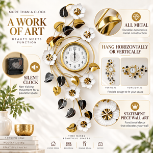 Large 48 Inch Floral Wall Clock in Gold White Silver Finish, Modern Quartz Movement, Decorative Horizontal & Vertical Home Accent