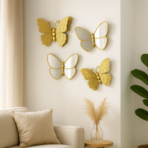 4 Piece Gold Butterfly Wall Decor Set, 3D Wall Sculpture & Mirrored Accents, Modern Glam Home Decor for Bedroom, Living Room, Nursery-Sona Casa