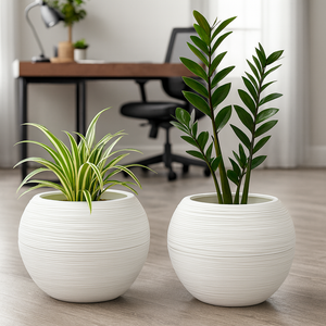 Set of 2 White Round Self-Watering Planter Pots with Glazed Wave Pattern, 18" Indoor Outdoor Succulent Plant Decor-Sona Casa
