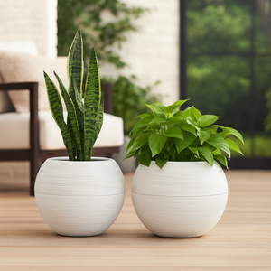Set of 2 White Round Self-Watering Planter Pots with Glazed Wave Pattern, 18" Indoor Outdoor Succulent Plant Decor-Sona Casa