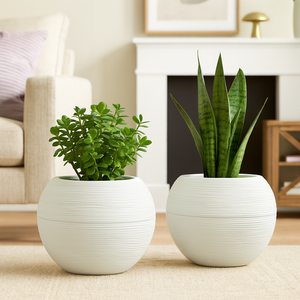Set of 2 White Round Self-Watering Planter Pots with Glazed Wave Pattern, 18" Indoor Outdoor Succulent Plant Decor-Sona Casa