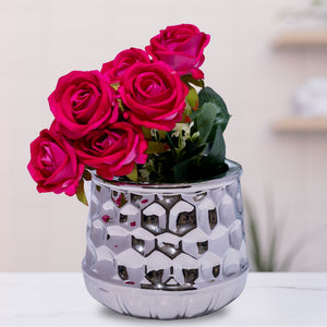 Silver Chrome Ceramic Vase, 5" Geometrical Textured Bud Vase for Fake or Fresh Flowers, Home Decor Accent by Sona Casa