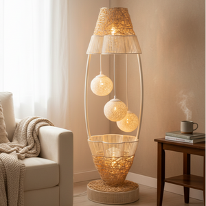 Tall LED Floor Lamp with Off White Cane Balls, Handmade Modern Decorative Accent, Ambient 4 LED Bulbs, Home Decor-Sona Casa
