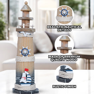 Rustic Brown Wood Miniature Lighthouse Model, 13" Nautical Figurine, Decorative Statue, Table, Desktop, Shelf Decor by Sona Casa