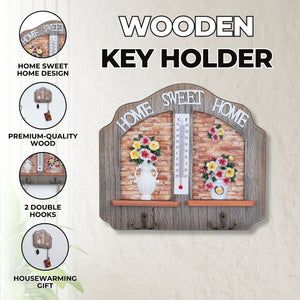 Farmhouse Wooden Key Holder Rack with Thermometer & 2 Double Hooks, Beige 10" Home Entryway Decoratiive Key Hangers, Decor Gifts by Sona Casa