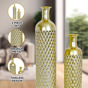 Large Metal Floor Vases, Golden Vase Set of 2 Home Decor 27" and 19" by Sona Casa