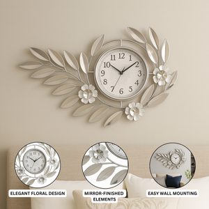 Large 48 Inch Silver Floral Metal Wall Clock, Modern Analog Quartz Timepiece for Living Room & Home Decor-Sona Casa