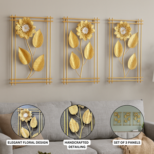 3 Piece Gold Flowers Metal Wall Decor Set, Elegant Floral Sculptures, 50cm Tall x 30cm Wide Panels Home Office Decor-Sona Casa