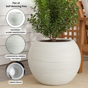 Set of 2 White Round Self-Watering Planter Pots with Glazed Wave Pattern, 18" Indoor Outdoor Succulent Plant Decor-Sona Casa
