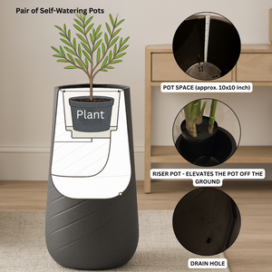 Set of 2 Tall Black Self Watering Indoor Decorative Plant Pots, 33" Modern Cement Finish Planters for Home & Office Decor-Sona Casa