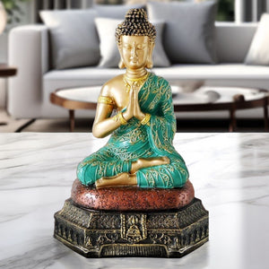 Small Buddha Statue, 9" Religious Decor Gifts, Green Gold Tabletop Desktop Shelf Prayer Room Ornament by Sona Casa