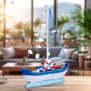 Handmade Wooden Sailboat, 15" Nautical Table Sculpture, Rustic Boat Model, Desk Shelf Decor, Gifts by Sona Casa