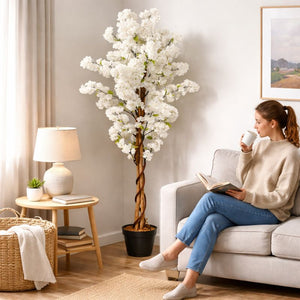 55" White Sichuan Cherry Blossom Artificial Tree with Cement Base, Realistic Indoor Outdoor Faux Plant Decor by Sona Casa