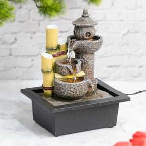 Indoor Water Fountain with Lights, 11" Asian Temple Desktop Waterfall by Sona Casa