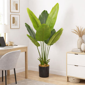 Large 45" Artificial Bird of Paradise Plant with Cement Base, Realistic Green Faux Tropical Tree for Indoor Outdoor Decor-Sona Casa