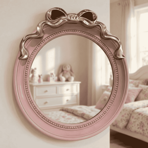 Round Pink 18-Inch Mirror with Gold Bow Decorative Wall Mirror, Gifts for Her, Accent Decor by Sona Casa