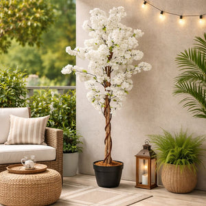 55" White Sichuan Cherry Blossom Artificial Tree with Cement Base, Realistic Indoor Outdoor Faux Plant Decor by Sona Casa