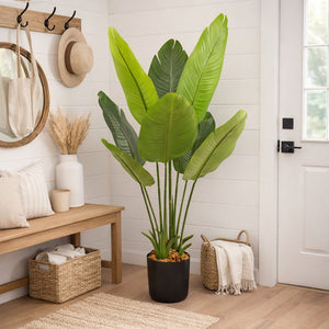 Large 45" Artificial Bird of Paradise Plant with Cement Base, Realistic Green Faux Tropical Tree for Indoor Outdoor Decor-Sona Casa