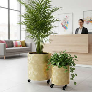 Gold Metal Foil Planters Set with Wheels and Drain Plug, Indoor Pot for Fresh or Faux Plants Home Decor Gift-Sona Casa