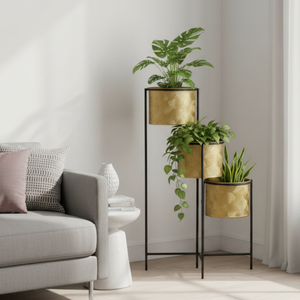 3-Tier Vertical Plant Stand, 32" Gold Metal Planters for Indoor Plants, Rustic Farmhouse Decor for Living Room & Corner-Sona Casa