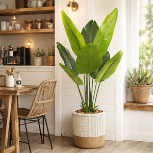 Large 45" Artificial Bird of Paradise Plant with Cement Base, Realistic Green Faux Tropical Tree for Indoor Outdoor Decor-Sona Casa