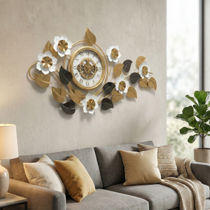 Large 48 Inch Floral Wall Clock in Gold White Silver Finish, Modern Quartz Movement, Decorative Horizontal & Vertical Home Accent-Sona Casa