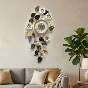 Large 48 Inch Floral Wall Clock in Gold White Silver Finish, Modern Quartz Movement, Decorative Horizontal & Vertical Home Accent-Sona Casa