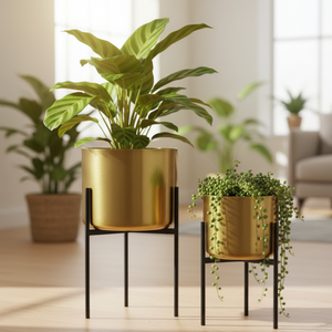 Modern Gold Planters with Black Stand Set, Electroplated Metal for Fresh or Faux Plants, Living Room Patio Decor Gifts-Sona Casa