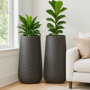 Set of 2 Tall Black Self Watering Indoor Decorative Plant Pots, 33" Modern Cement Finish Planters for Home & Office Decor-Sona Casa
