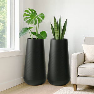 Set of 2 Tall Black Self Watering Indoor Planters, Contemporary Modern Decorative Pots, 33 Inch Riser for Home Office Garden-Sona Casa