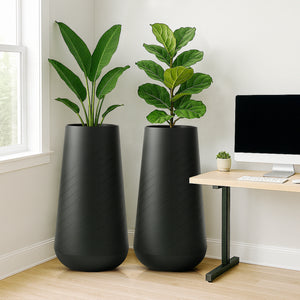 Set of 2 Tall Black Self Watering Indoor Planters, Contemporary Modern Decorative Pots, 33 Inch Riser for Home Office Garden-Sona Casa