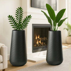 Set of 2 Tall Black Self Watering Indoor Planters, Contemporary Modern Decorative Pots, 33 Inch Riser for Home Office Garden-Sona Casa