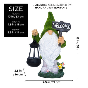 Welcome Gnome with Solar Powered Garden Lamp, Green White, Polyresin Lawn Gnome Statue, Patio Statue 13 inch 33 cm by Sona Casa