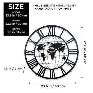 Round Metal Wall Clock, Black Embedded World Map, 24" Silent Roman Numeral Decorative Clock, Home Office Decor-Sona Casa