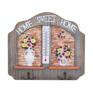 Farmhouse Wooden Key Holder Rack with Thermometer & 2 Double Hooks, Beige 10" Home Entryway Decoratiive Key Hangers, Decor Gifts by Sona Casa
