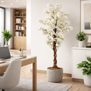 55" White Sichuan Cherry Blossom Artificial Tree with Cement Base, Realistic Indoor Outdoor Faux Plant Decor by Sona Casa