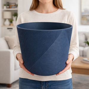 Modern Round Plastic Planter, 12-Inch Blue Flower Pot for Herbs and Ornamental Plants, Home Office Garden Decor by Sona Casa