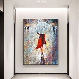 Woman in Red Dress Painting - Abstract Female Portrait Oil on Canvas, Chic Living Room Decor, Artistic New Homeowners Gift by Sona Casa