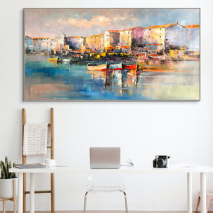 Portofino Italy Oil Painting on Canvas - Vivid Italian Landscape Wall Art for Home Decor, Original Portofino Marina Scene by Sona Casa