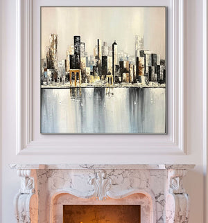 Abstract City Painting, Large Skyline Wall Art, Minimalist Urban Decor for Living Room, Artistic Housewarming Present by Sona Casa
