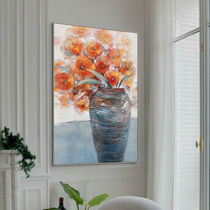 Large Abstract Floral Painting, Vibrant Orange Flowers in Vase, Minimalist Canvas Wall Art, Thoughtful Housewarming Gift by Sona Casa