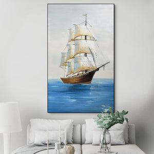 Original Boat Art Vertical Canvas, Textured Nautical Wall Painting for Bedroom, Handmade Coastal Art by Sona Casa